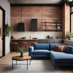 An industrial-style studio apartment living room featuring an open kitchen, a blue sofa, and a brown chair