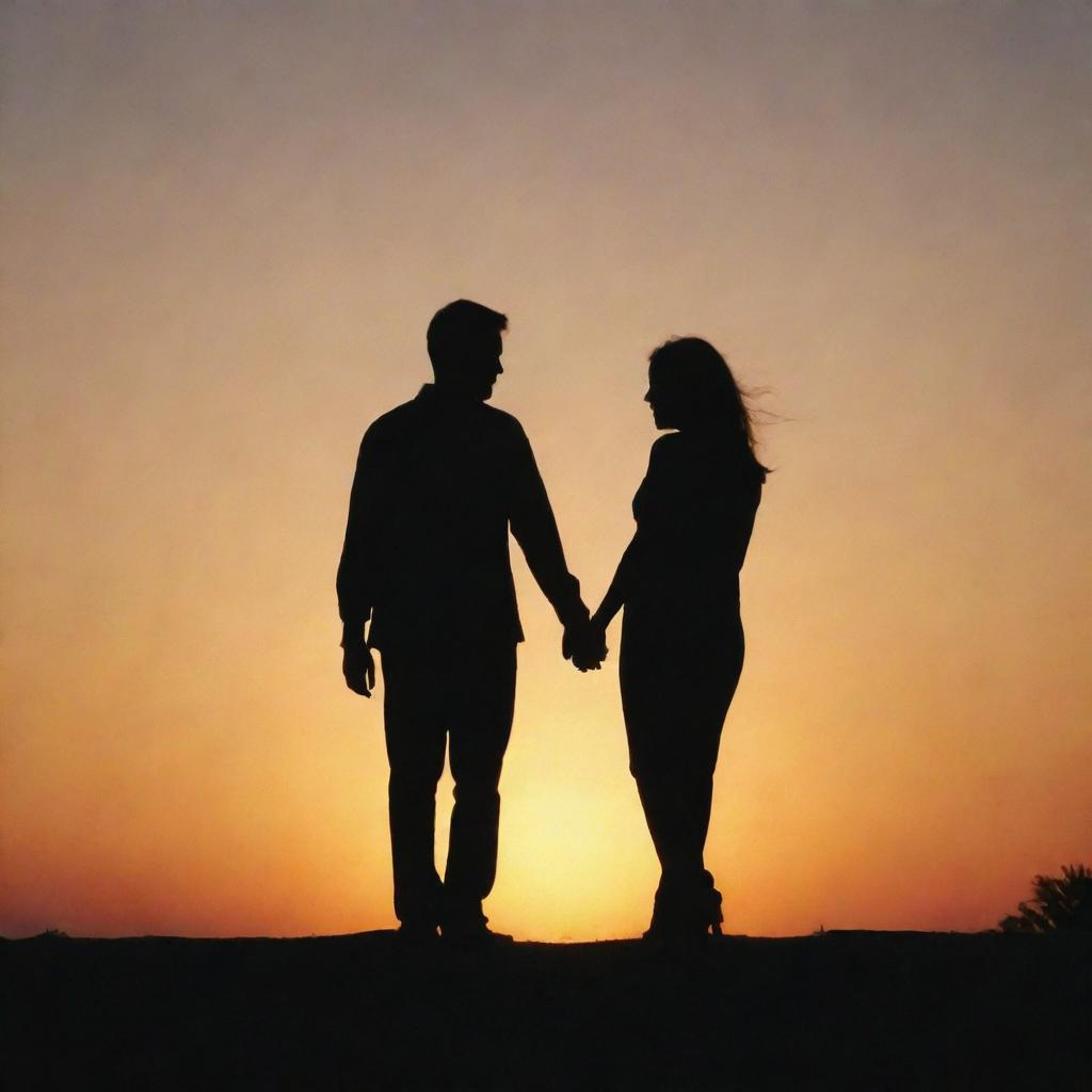 Two silhouettes against a sunset, hand in hand, suggesting a loving couple.