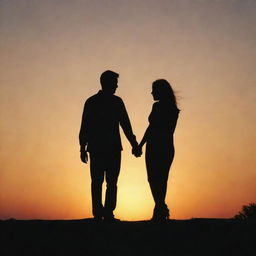 Two silhouettes against a sunset, hand in hand, suggesting a loving couple.