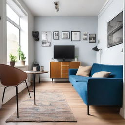 A small studio apartment with an industrial style