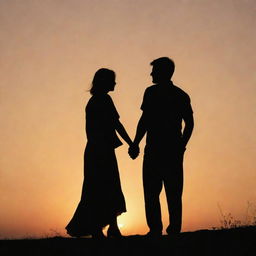 Two silhouettes against a sunset, hand in hand, suggesting a loving couple.