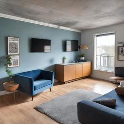 An open-concept studio apartment with a blue sofa and a brown auxiliary chair