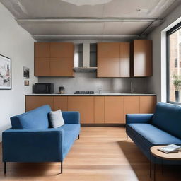 An open-concept studio apartment with a blue sofa and a brown auxiliary chair