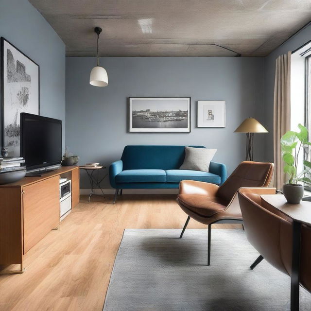 An open-concept studio apartment with a blue sofa and a brown auxiliary chair