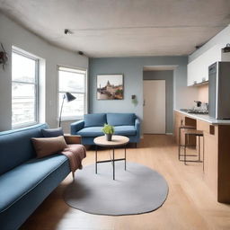 An open-concept studio apartment with a blue sofa and a brown auxiliary chair