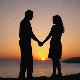 Two silhouettes against a sunset, hand in hand, suggesting a loving couple.