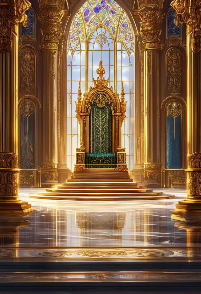 A detailed digital painting of a grand royal throne room for a fantasy novel cover with an adjusted aspect ratio, featuring golden accents, stained glass windows, polished marble floors, and a magnificent gem-encrusted throne