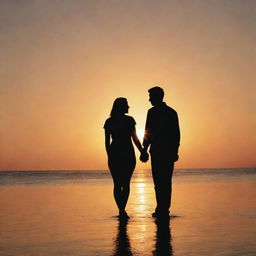 Two silhouettes against a sunset, hand in hand, suggesting a loving couple.