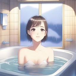 A detailed anime-style illustration of a girl relaxing in a bathtub inside a foggy bathroom