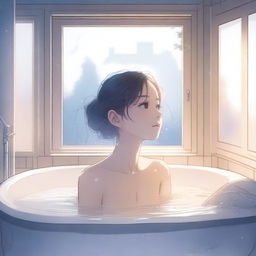 A detailed anime-style illustration of a girl relaxing in a bathtub inside a foggy bathroom