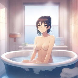 A detailed anime-style illustration of a girl relaxing in a bathtub inside a foggy bathroom