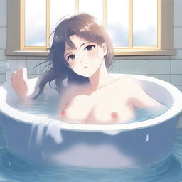 An anime-style illustration of a girl with large breasts laying inside a bathtub