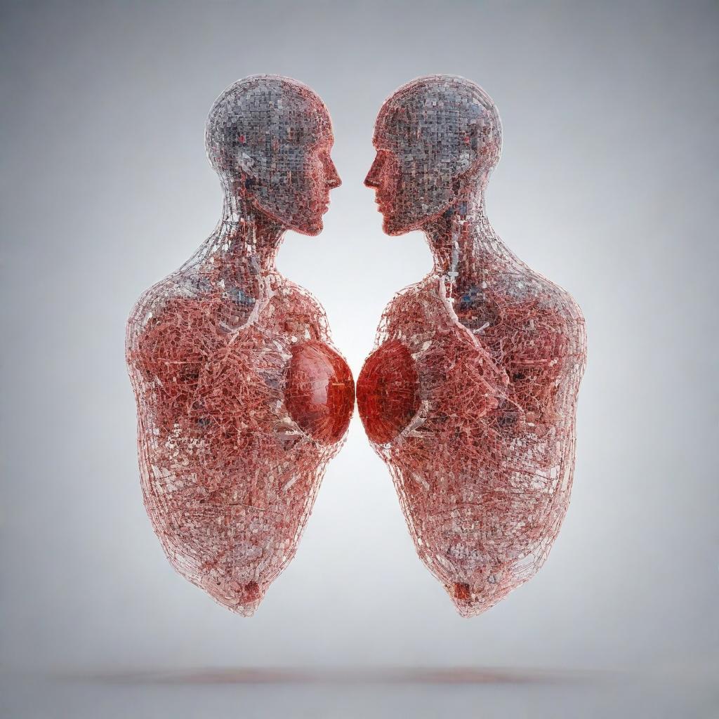 An artificial intelligence graphic representation of two digital figures forming a heart, symbolizing technological love.