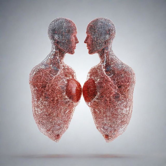 An artificial intelligence graphic representation of two digital figures forming a heart, symbolizing technological love.