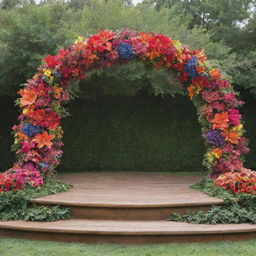 A 20-feet-wide stage front adorned with a multicolored, Arc-shaped flower decoration. The vibrant array of flowers contrasts beautifully with lush greenery, dominating the scene.