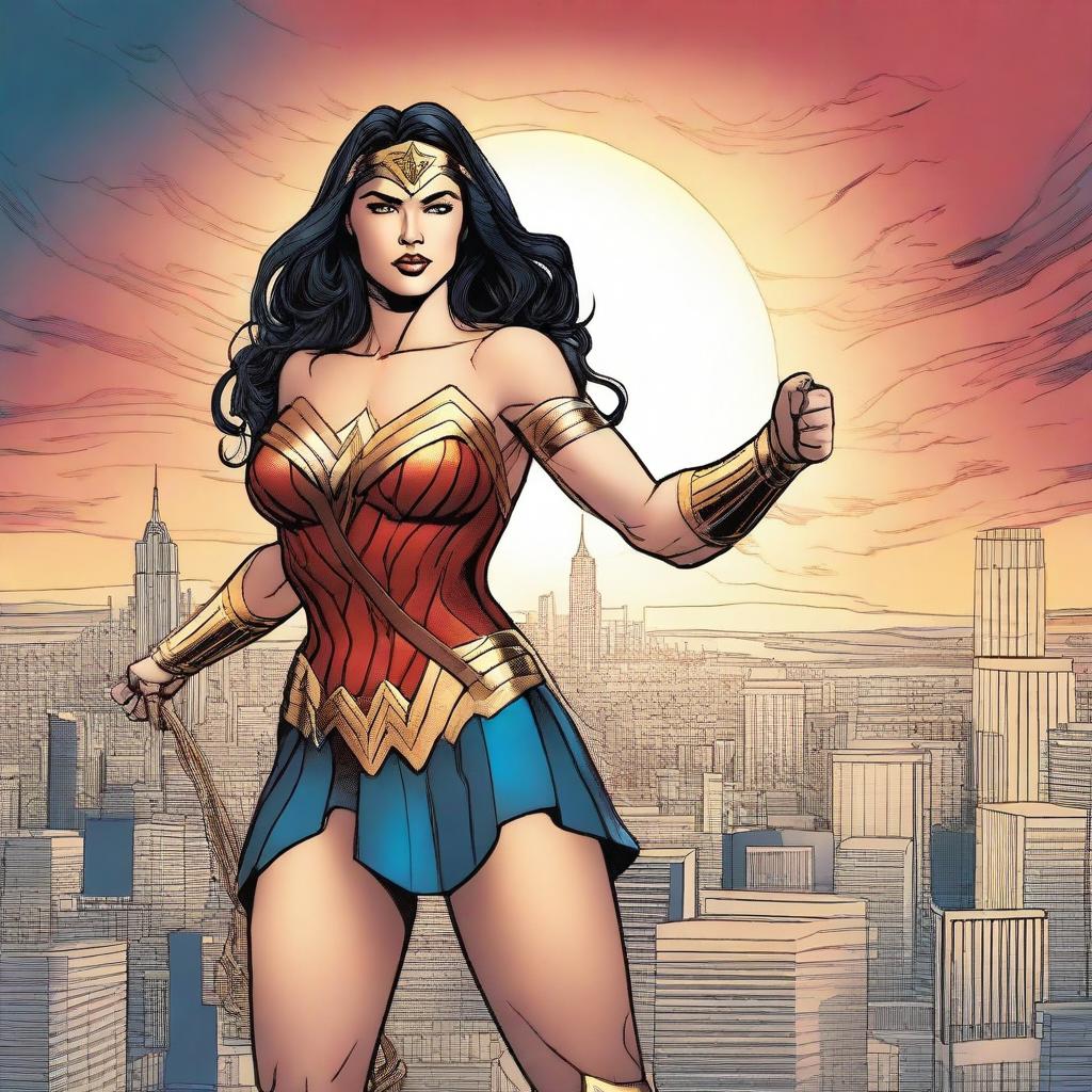 A detailed illustration of Wonder Woman in her iconic costume, standing in a heroic pose with her lasso of truth glowing