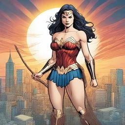 A detailed illustration of Wonder Woman in her iconic costume, standing in a heroic pose with her lasso of truth glowing