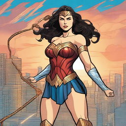 A detailed illustration of Wonder Woman in her iconic costume, standing in a heroic pose with her lasso of truth glowing