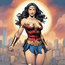 A detailed illustration of Wonder Woman in her iconic costume, standing in a heroic pose with her lasso of truth glowing