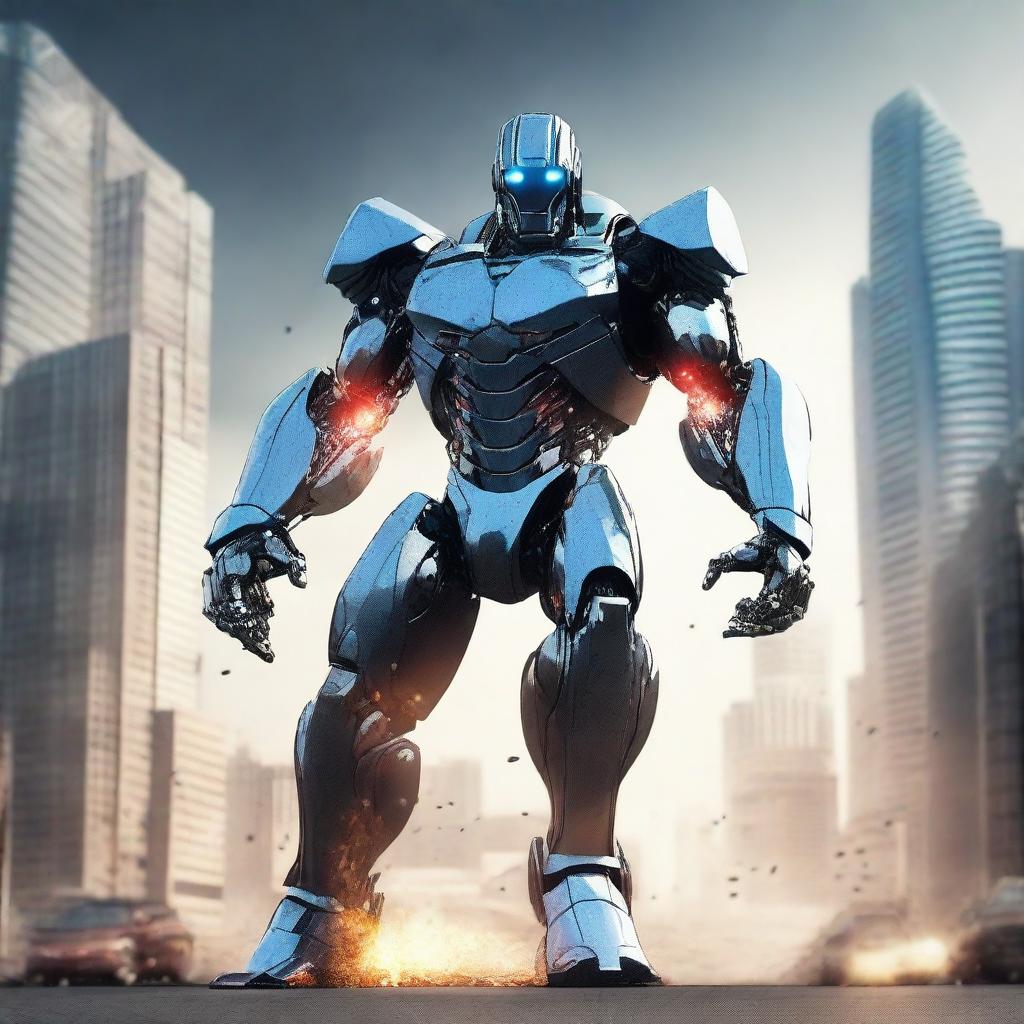 A powerful robot in a superhero stance, standing tall and ready for action