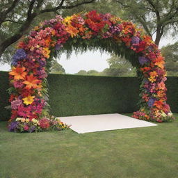 A 20-feet-wide stage front adorned with a multicolored, Arc-shaped flower decoration. The vibrant array of flowers contrasts beautifully with lush greenery, dominating the scene.