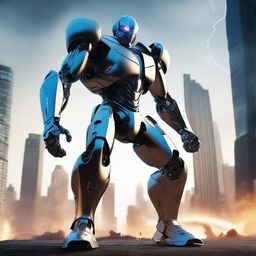 A powerful robot in a superhero stance, standing tall and ready for action