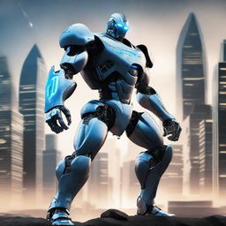 A powerful robot in a superhero stance, standing tall and ready for action