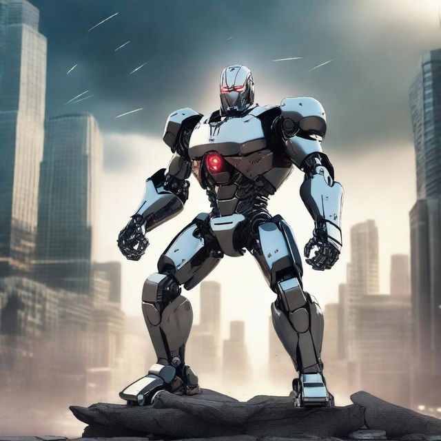 A powerful robot in a superhero stance, standing tall and ready for action