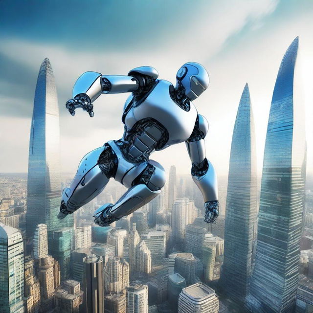 An athletic robot leaping gracefully over a futuristic mega-city resembling London