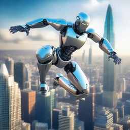 An athletic robot leaping gracefully over a futuristic mega-city resembling London