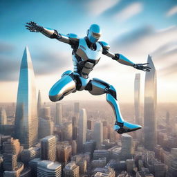 An athletic robot leaping gracefully over a futuristic mega-city resembling London