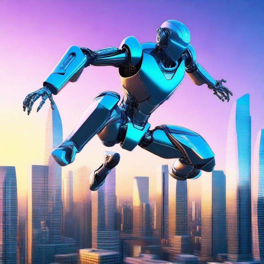 An athletic robot mid-jump, soaring over a futuristic mega-London cityscape