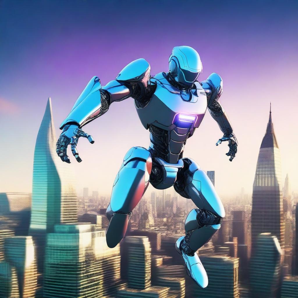 An athletic robot mid-jump, soaring over a futuristic mega-London cityscape