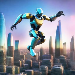 An athletic robot mid-jump, soaring over a futuristic mega-London cityscape