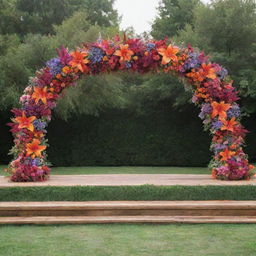 A 20-feet-wide stage front adorned with a multicolored, Arc-shaped flower decoration. The vibrant array of flowers contrasts beautifully with lush greenery, dominating the scene.