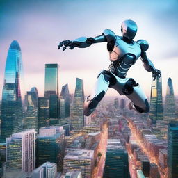 An athletic robot mid-jump, soaring over a futuristic mega-London cityscape