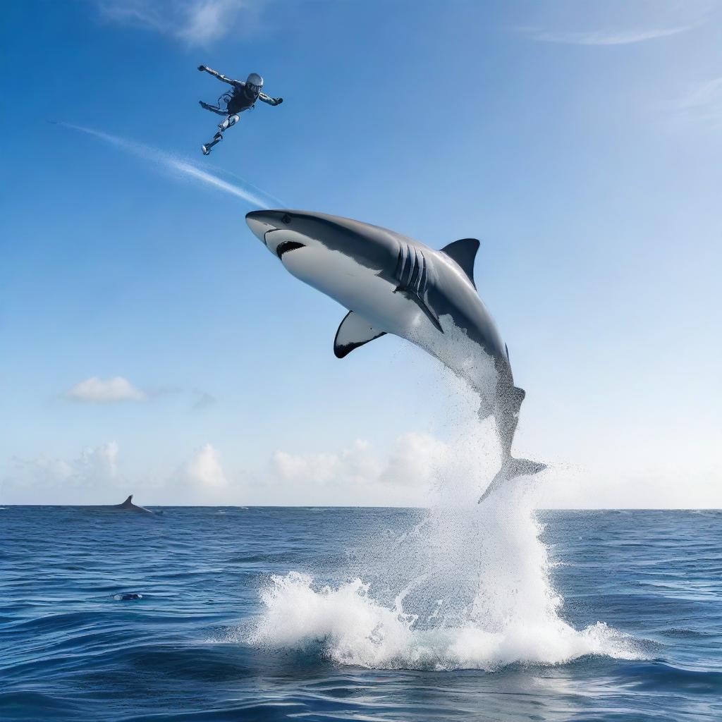 An athletic robot performing a high jump over a shark in the Atlantic Ocean