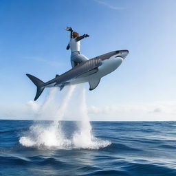 An athletic robot performing a high jump over a shark in the Atlantic Ocean