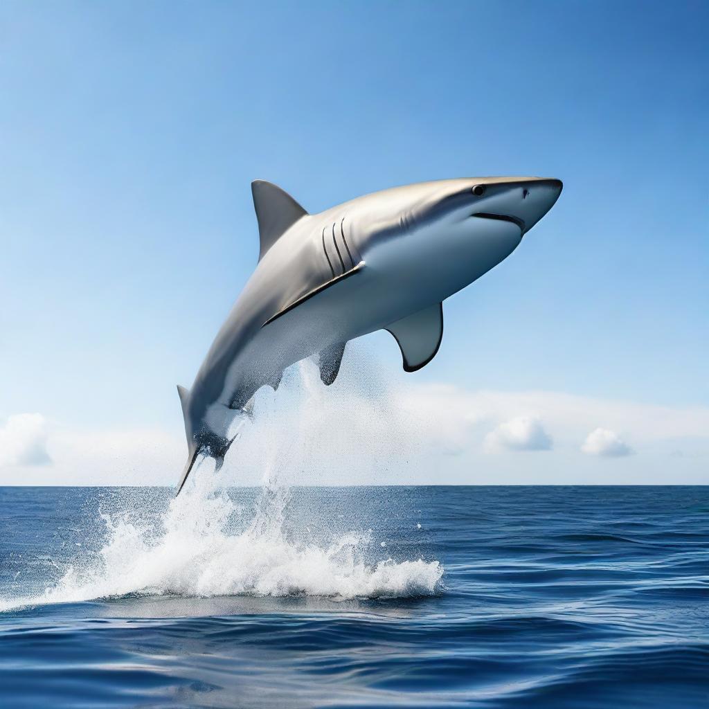 An athletic robot performing a high jump over a shark in the Atlantic Ocean