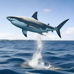 An athletic robot performing a high jump over a shark in the Atlantic Ocean