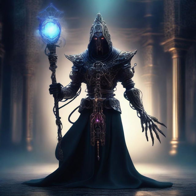 A dark wizard robot standing in a mystical environment