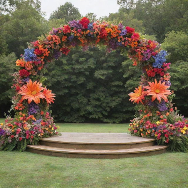 A 20-feet-wide stage front adorned with a multicolored, Arc-shaped flower decoration. The vibrant array of flowers contrasts beautifully with lush greenery, dominating the scene.