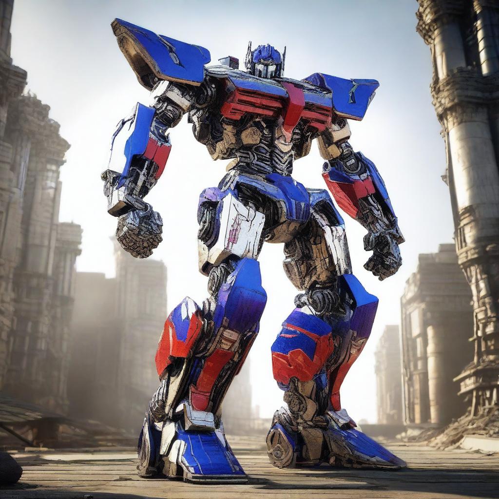 A Transformers robot standing in a dynamic pose, showcasing its intricate mechanical design and powerful presence