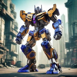 A Transformers robot standing in a dynamic pose, showcasing its intricate mechanical design and powerful presence