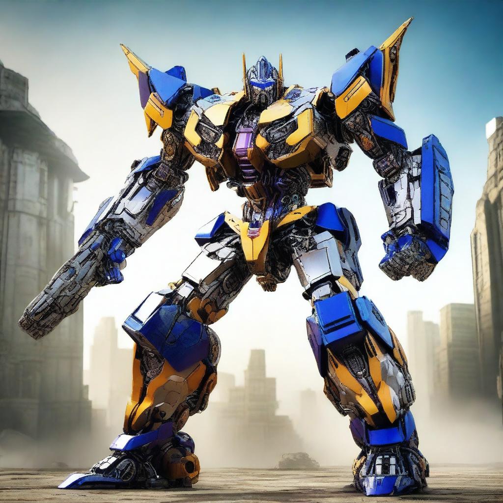 A Transformers robot standing in a dynamic pose, showcasing its intricate mechanical design and powerful presence