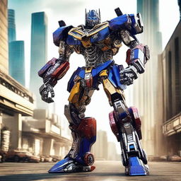 A Transformers robot standing in a dynamic pose, showcasing its intricate mechanical design and powerful presence