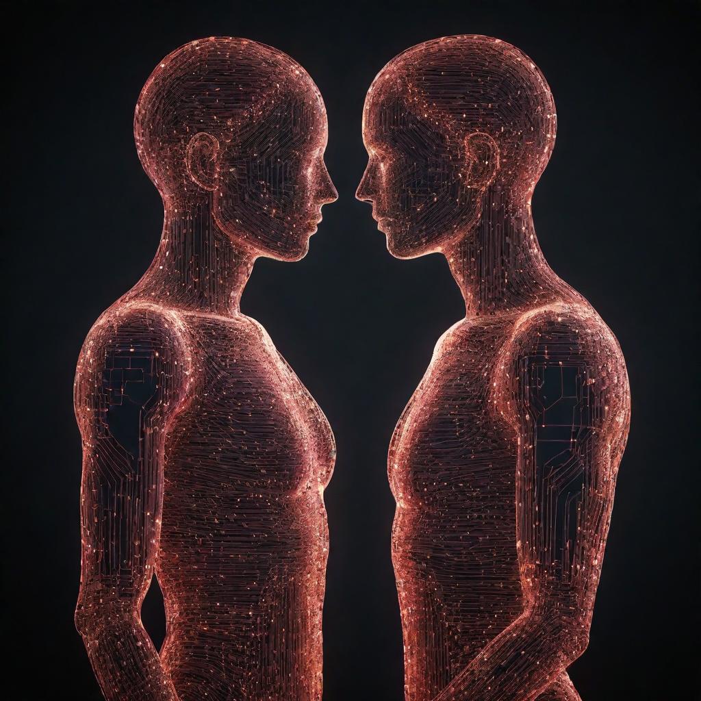 A digitally illustrated image of a couple made from circuit lines, symbolizing love in the age of AI.