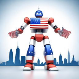 An American-themed robot standing proudly with elements of the American flag integrated into its design