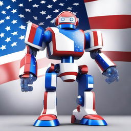 An American-themed robot standing proudly with elements of the American flag integrated into its design