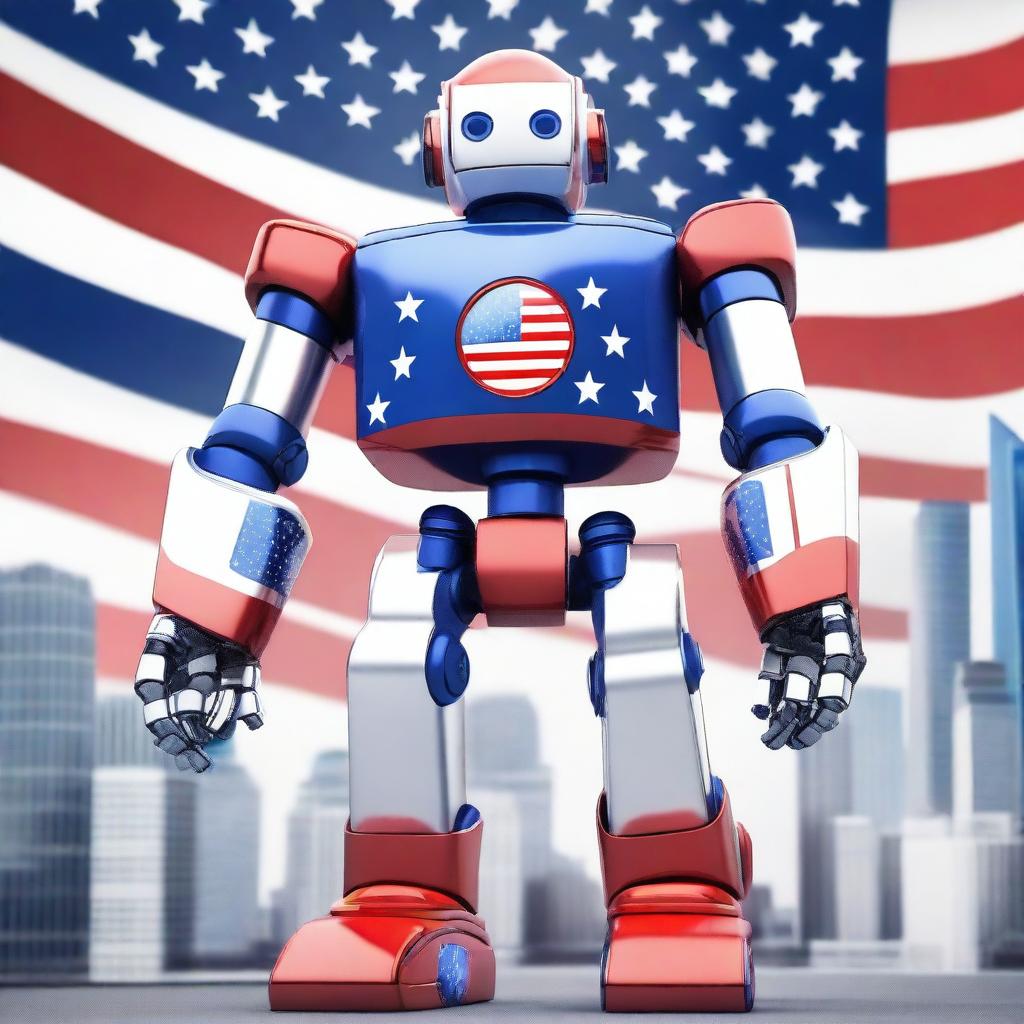 An American-themed robot standing proudly with elements of the American flag integrated into its design